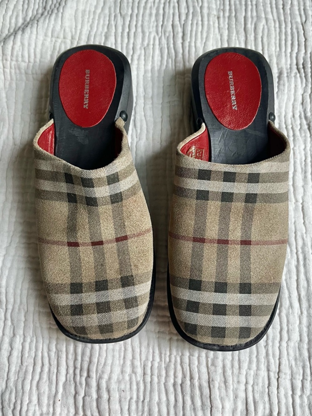 Vintage Burberry Tan Nova Check Plaid Wood Clogs Sz 38 - Picture 9 of 9